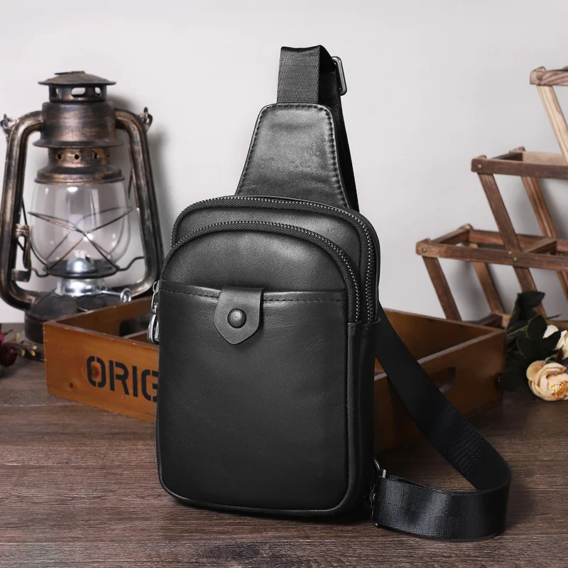 Men Genuine Leather Crossbody Bag Top Grain Cowhide Chest Pack for Outdoor Travel, Vintage Anti-Theft Sling Bag