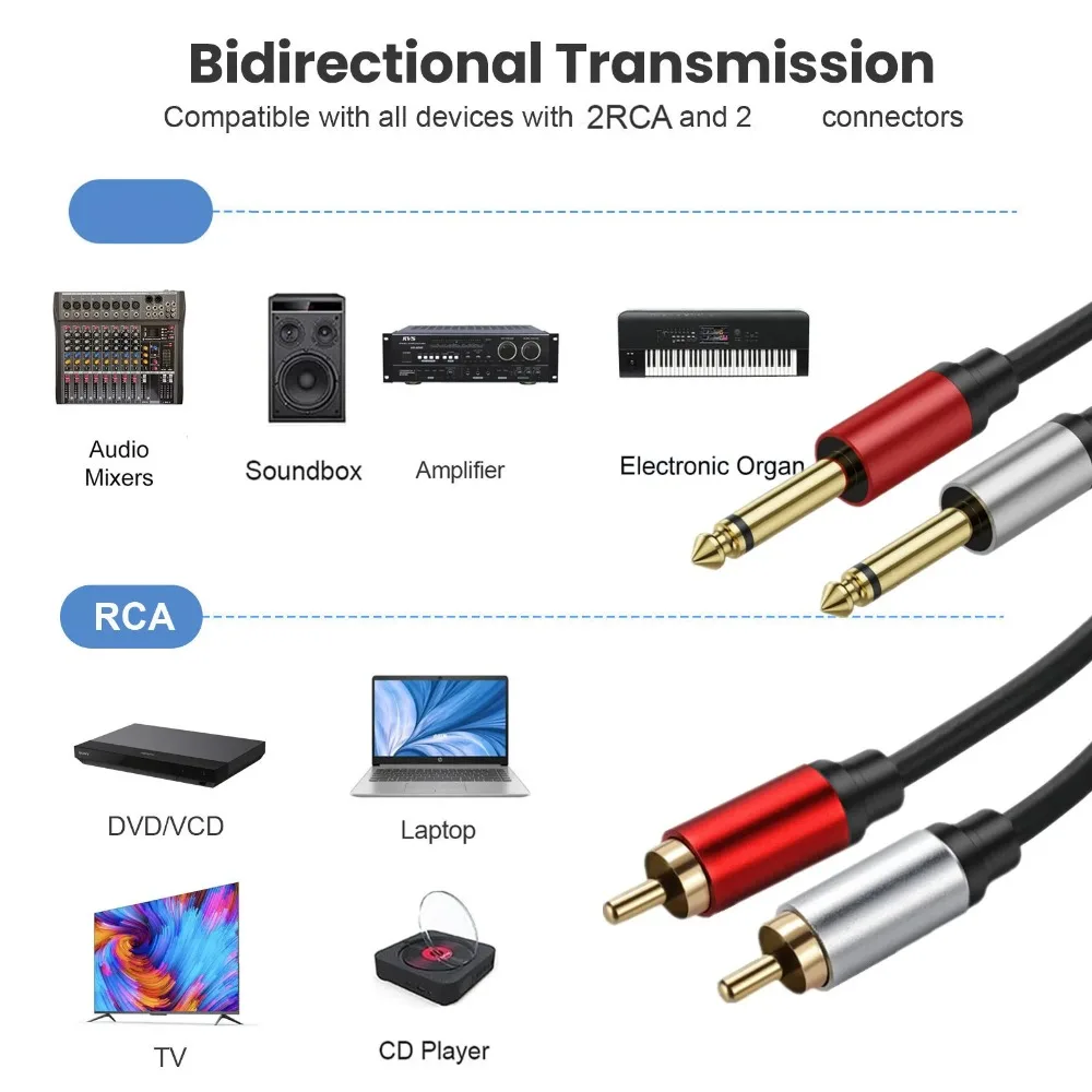 Kabel audio stereo z podwójnym 6.35mm 1/4 TS męskim złączem na podwójny RCA męski, pozłacana miedziana obudowa, do głośników, wzmacniaczy i mikserów. — zdjęcie produktu 4