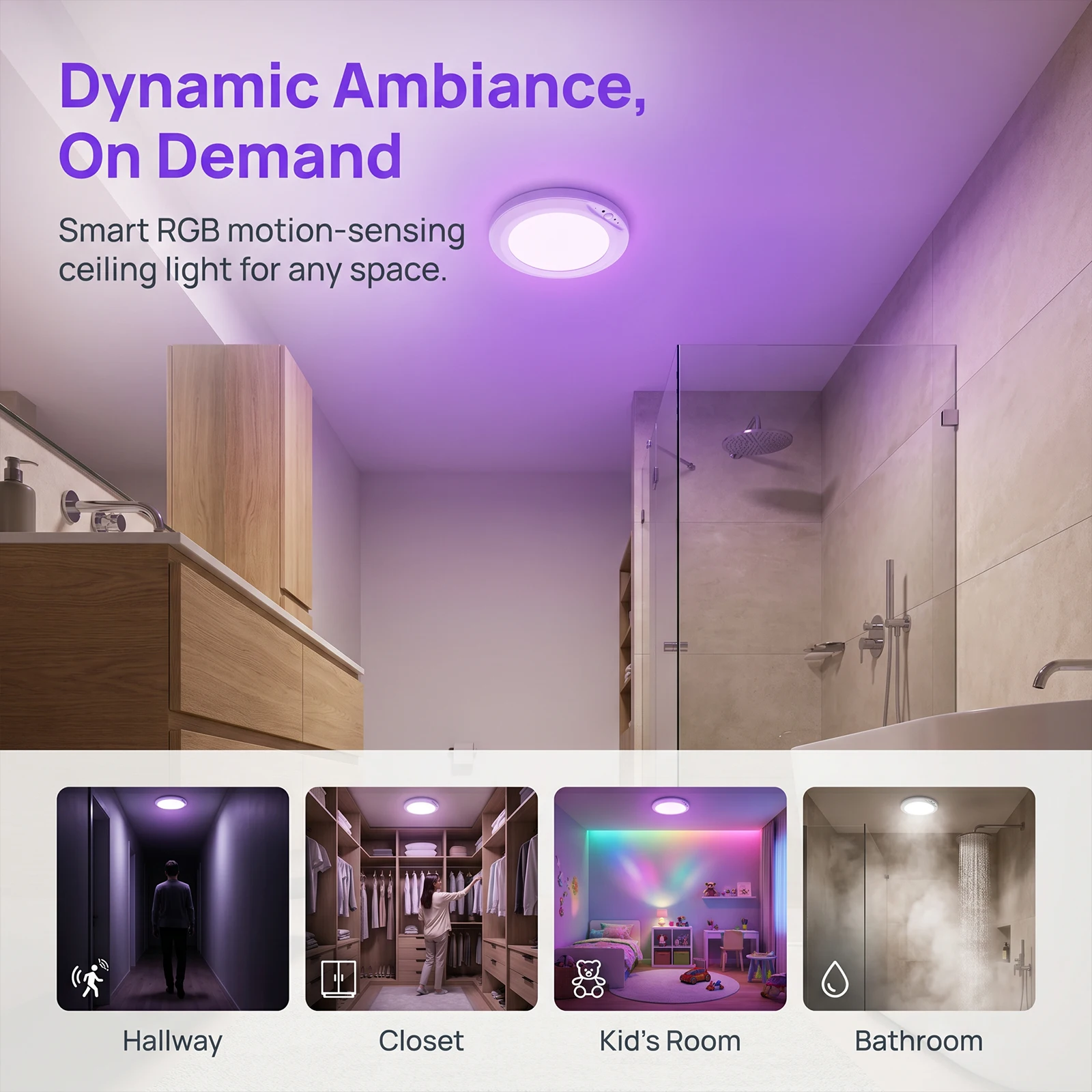Rechargeable RGB Shower Light with Remote Cordless Ambient Lighting Motion Sensor Wireless Ceiling Light for Bathtub Bedroom