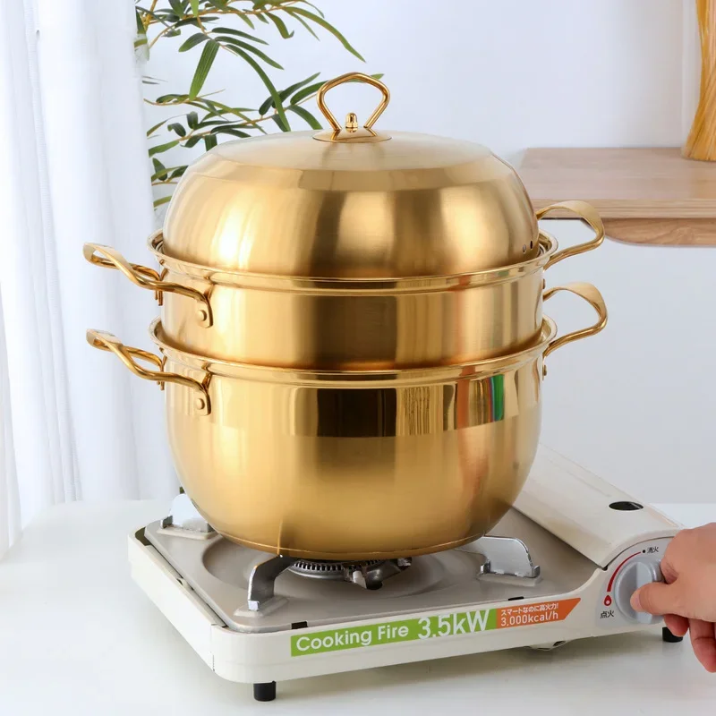 3 layers Steamer Pot Stainless Steel Cookware Gold Cooking Pots Boiler Tools Soup Pot Cooking Pots for Cooker Gas Stove