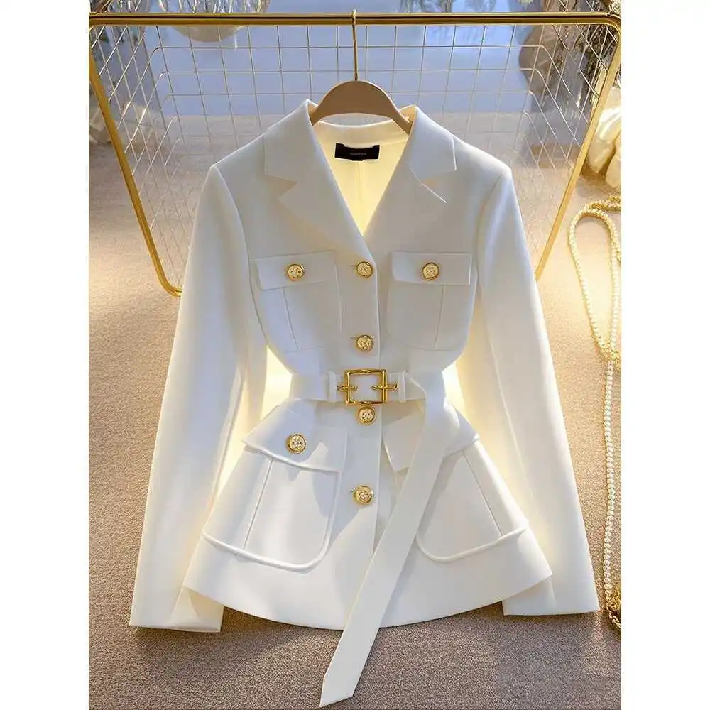 2025 Spring Autumn New Chic Casual Blazer Jacket Women Outwear Fashion Loose Belt Double Single-Breasted Professional Suit Tops