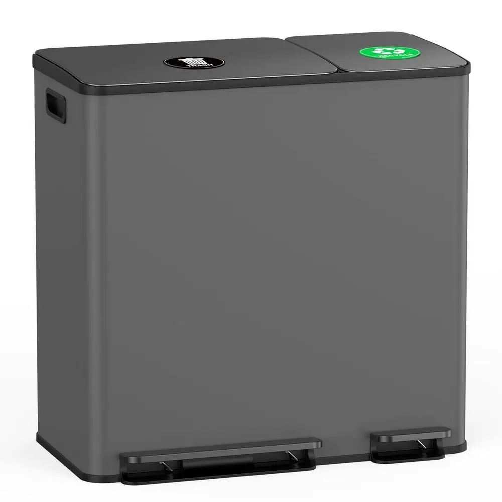 

Мусорное ведро для кухни из нержавеющей стали, 13+6 галлонов, с двумя отделениями, с крышкой с плавным закрыванием и магнитными этикетками, серое