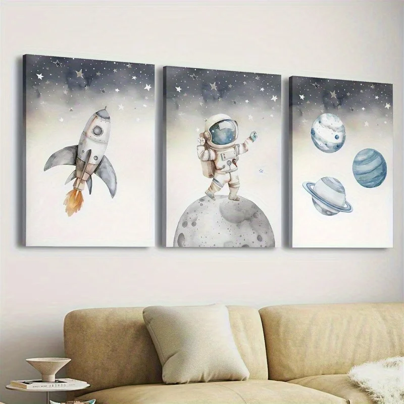 2D Flat, 2D for FIAT, 3pcs Frameless Canvas Print Set, Cartoon Style Decor, Space Art, Astronauts, Rockets, Planets, Minimalist