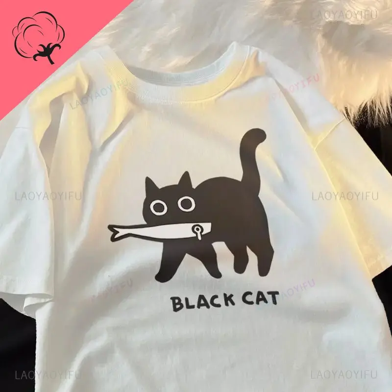 Fashion women Kawaii Katone Black cat print T-shirt summer crewneck loose top street casual women\'s cotton clothing