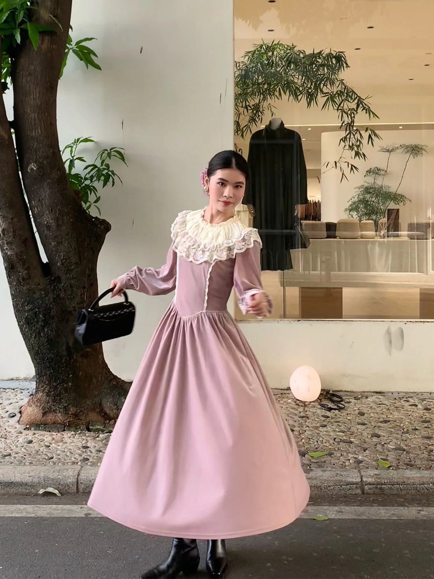 TIYIHAILEY Spring Autumn Velvet Women Printed Dress Full Sleeve Long Mid-Calf Ladies Clothing XS-XL Vintage High Waist Lace Pink