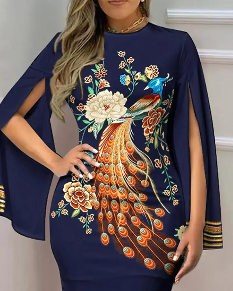 Damenkleid mit V-Ausschnitt, ausgestellten Ärmeln und geometrischem Golddruck, figurbetontes Midikleid, elegantes, schmales Outfit für Teepartys und formelle Anlässe – Detail 15