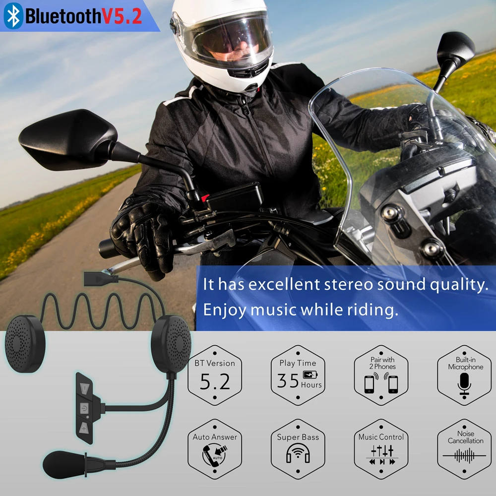 

Bluetooth 5.2 Moto Helmet Headset Wireless Motorcycle Earphones Anti-interference Headphone Handsfree Call Music Player