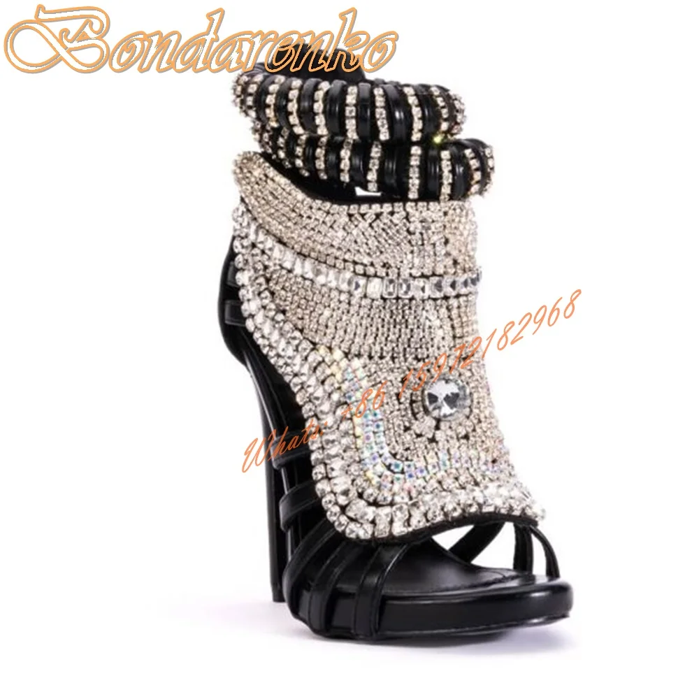 Studded Crystal Straps Sandals Open Toe Hollow Women Sexy Shoes Stiletto Heels Back Zipper Summer Party Runway New Style Sandals