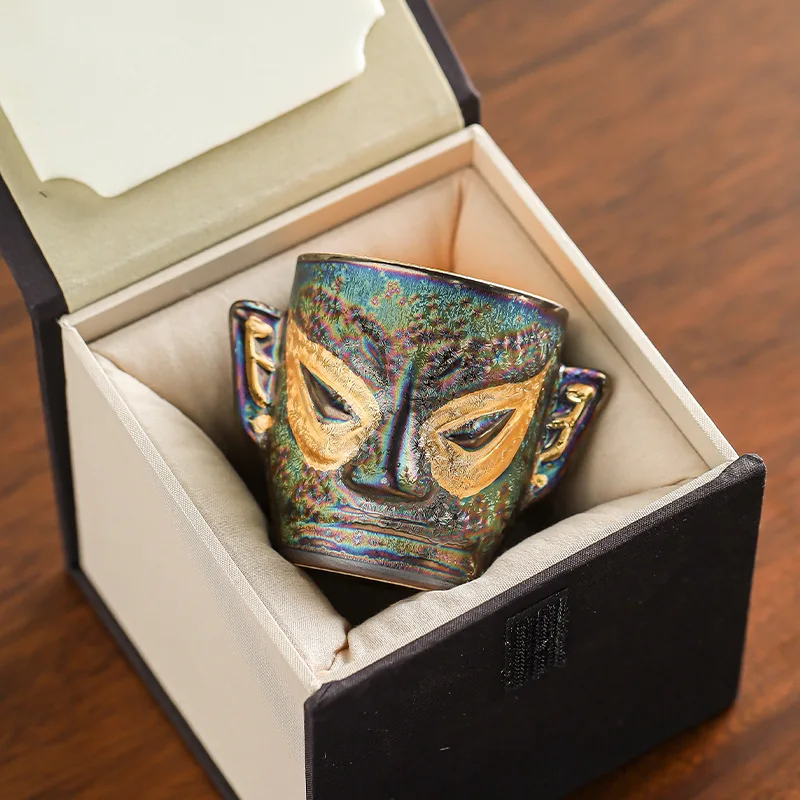 Chinese Design Sanxingdui Bronze Mask Master Cup Bubble Tea Bowl Large Tea Cup Single Tea Kiln Turned Teacup Gifts