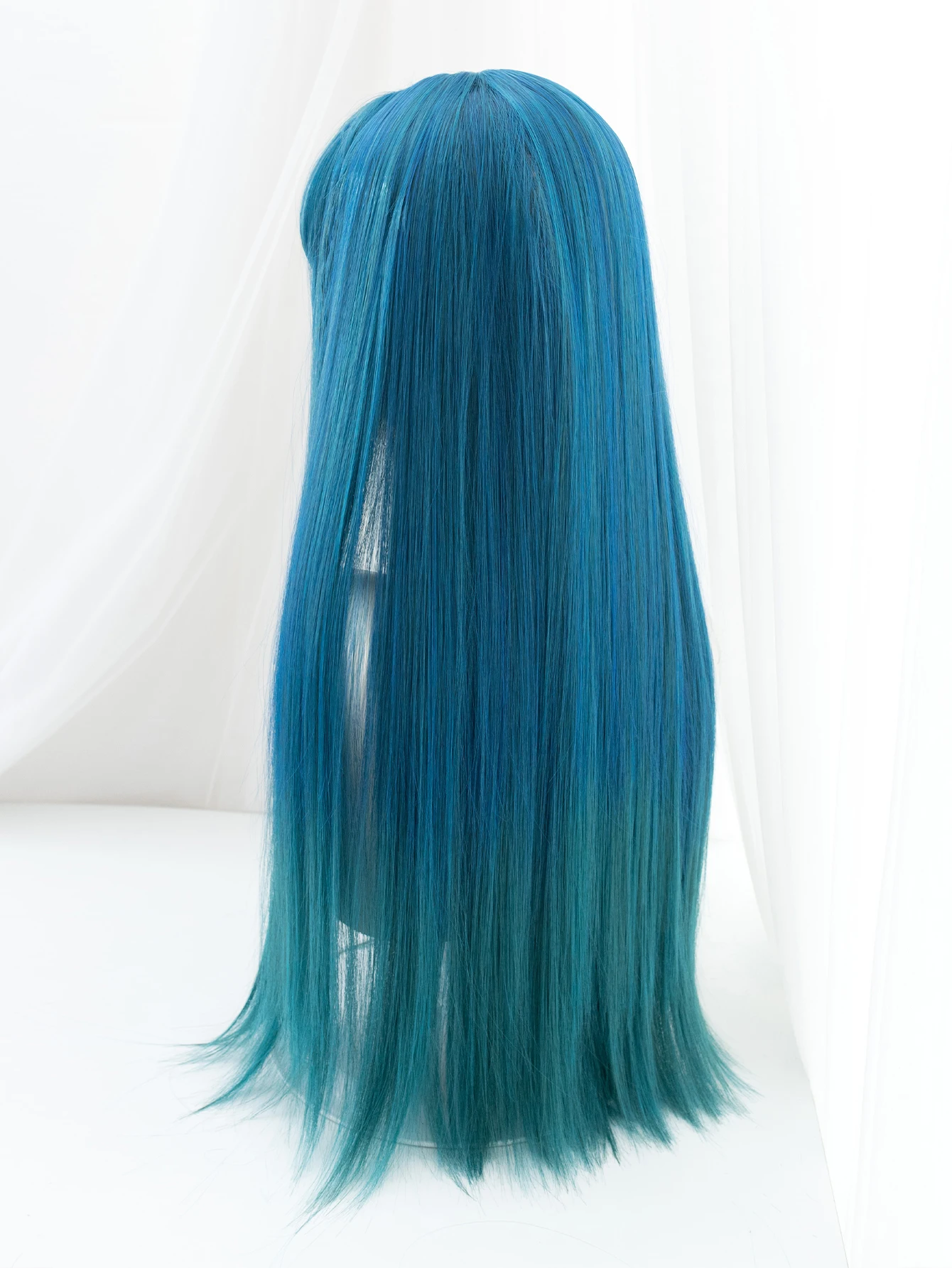 30Inch Blue Gradient Green Color Synthetic Wigs With Bang Long Natural Straight Hair Wig For Women Cosplay Heat Resistant