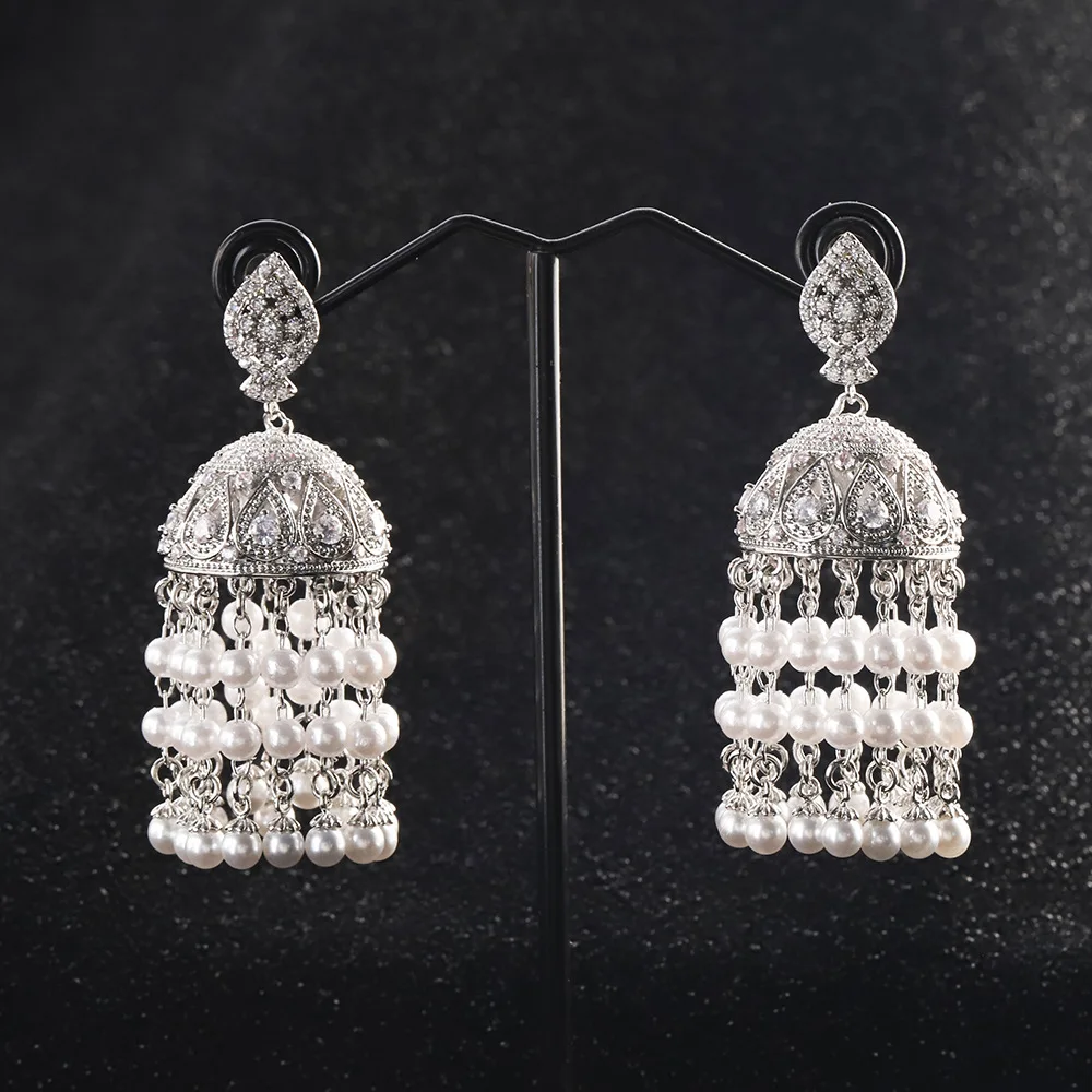 Women Exaggerated golden birdcage pearl earrings fashion retro luxury lantern zircon tassel wind chimes bell