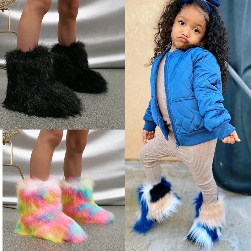 2025 New Kids winter New faux fur toddler girl boots fashion colorful fluffy plush children ankle snow boots warm girls shoes