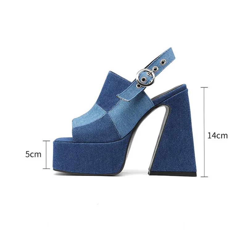 2023 European and American Large Denim Cloth Wrapped Sandals Women\'s Color Block High-heeled Thick Soled Open Toe Sandals