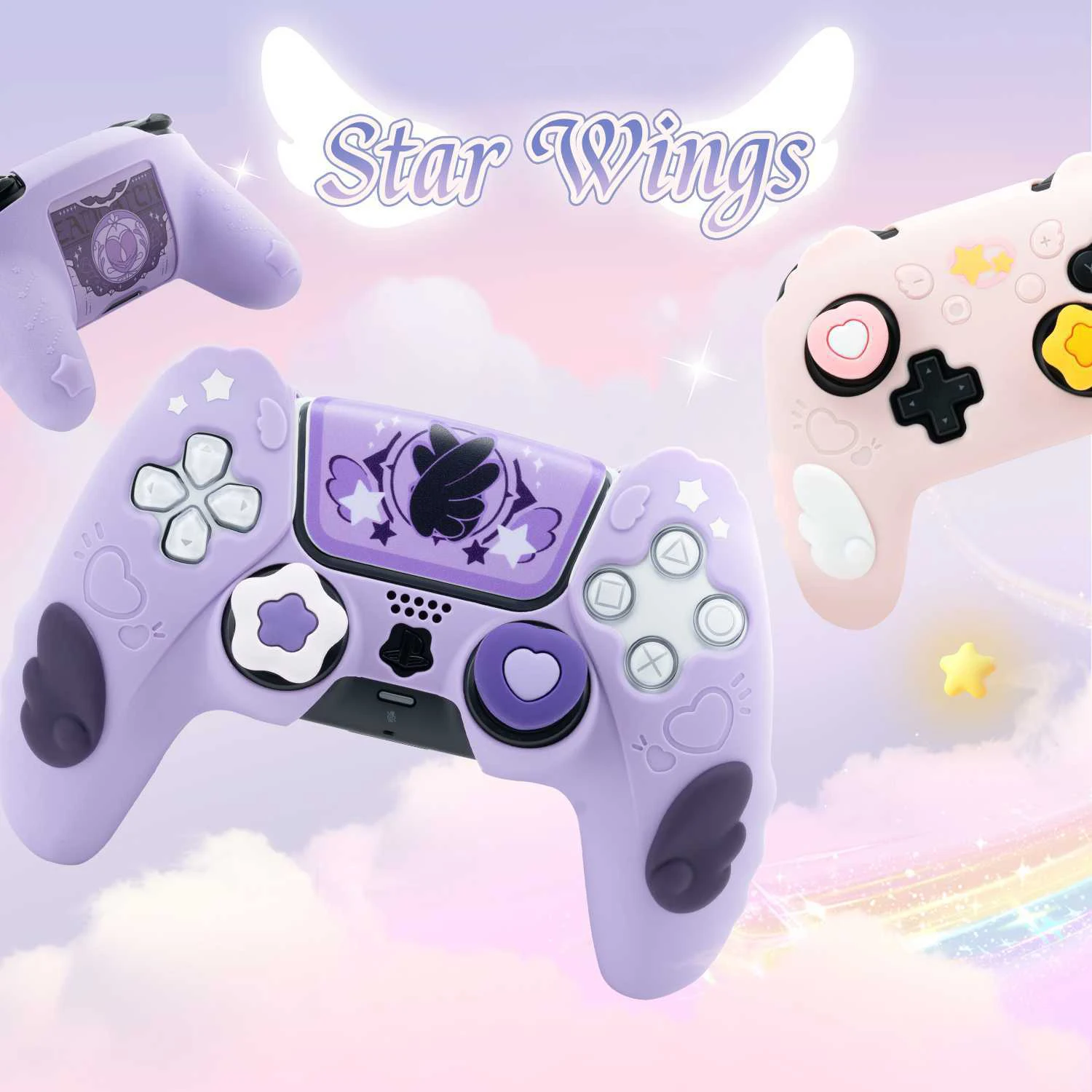 Cute Star Wings Silicone Skin Cover Gamepad Sticker Soft Case For Sony Dualsense 5 PS5 Controller Thumb Stick Grip Cap Protector