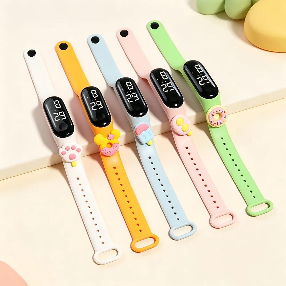 Montres LED pour enfants, 5 pièces, pour filles, dessin animé 3D, mignon, Paw Pad Donut, montre de sport pour enfants, horloge numérique étanche pour écoliers