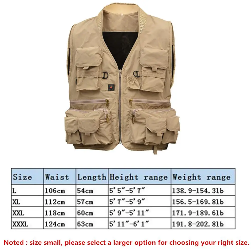 Men's Outdoor Multi Pockets Fly Fishing Vest OUTER Wear Polyester Safari Style Spring V-neck Short 100% Polyester Shell