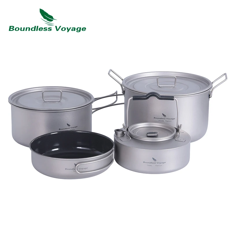 

Boundless Voyage Titanium Camping Cookware Mess Kit Portable Camp Frying Pan and Pots Set with Steaming Grid for Outdoor Picnic