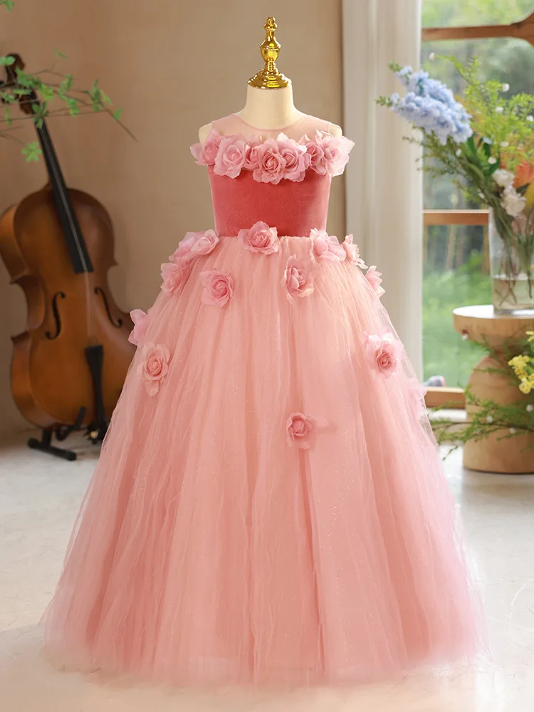 

GUXQD Pink Baby Flower Girl Dresses Tulle 3D Flower Princess Prom Birthday Party Gowns Formal Occasion