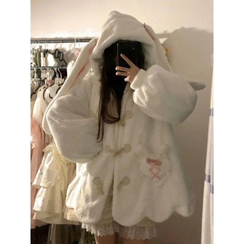 Japanese Sweet Girl Cute Rabbit Ears Hooded Plush Jacket Women Winter Teens Student Padded Thicken Kawaii Loose Coat Outwear