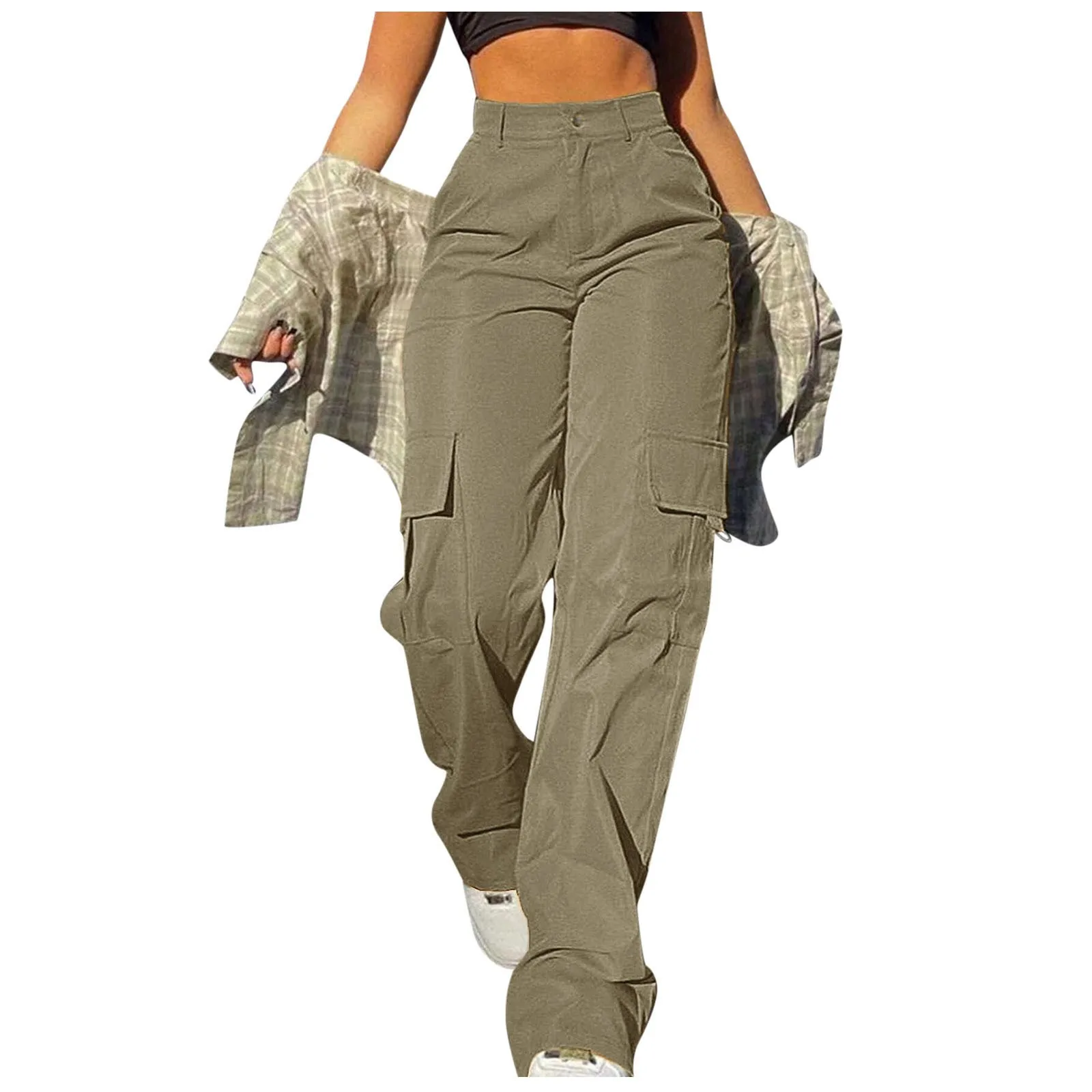 

Women Cargo Pants Solid Multi Pocket Work Casual Pants Daily Leggings Elastic Waist Streetwear Retro Trousers