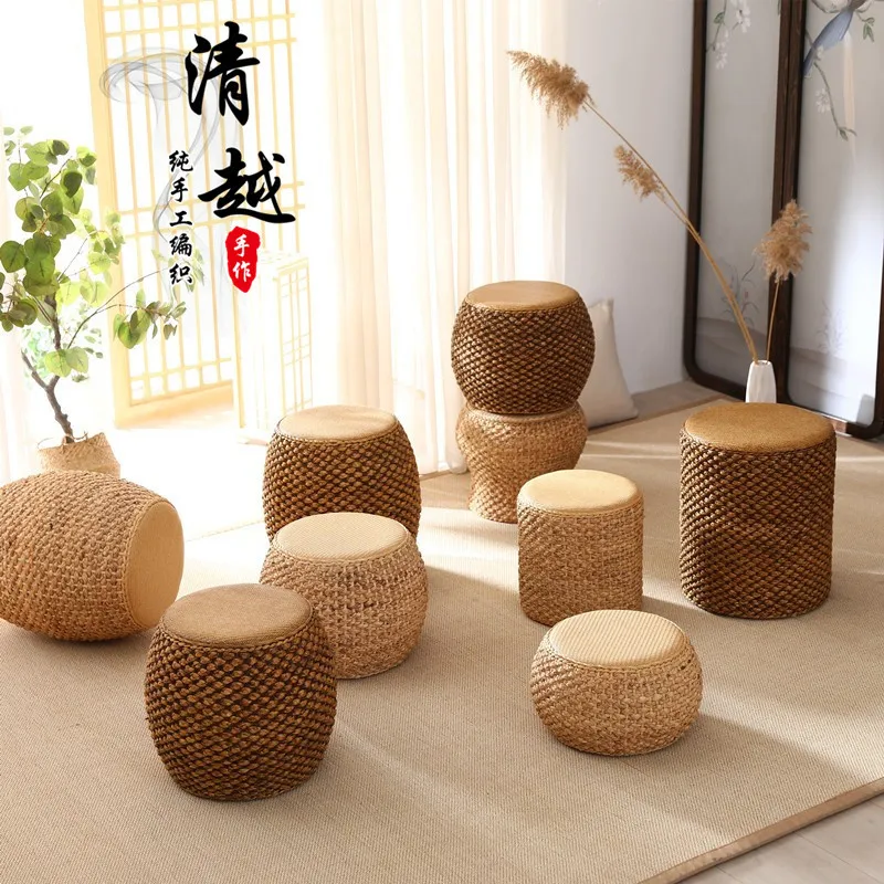 Classical round Rattan Sitting Stool for Living Room Tea Table Makeup Bench Bedroom Music Practice Seat Guzheng Piano Stool
