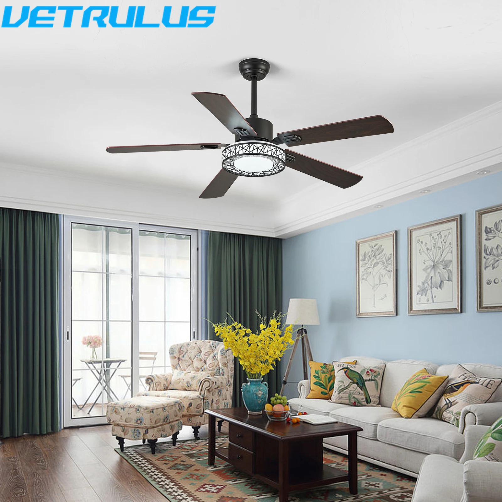 Modern Ceiling Fan Lamp Led Pendant Light Timer App 52 Inch 5 Blade Intelligent Living Room Chandelier Indoor Decor 6 Speed RC