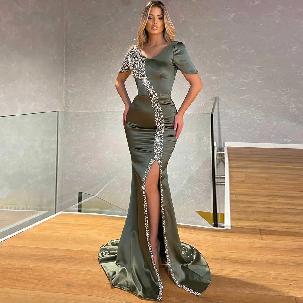 V-hals Avondjurken 2022 Prachtige Kralen Korte Mouwen Mermaid Party Dress Green Satin Sexy Side Split Rits Baljurken