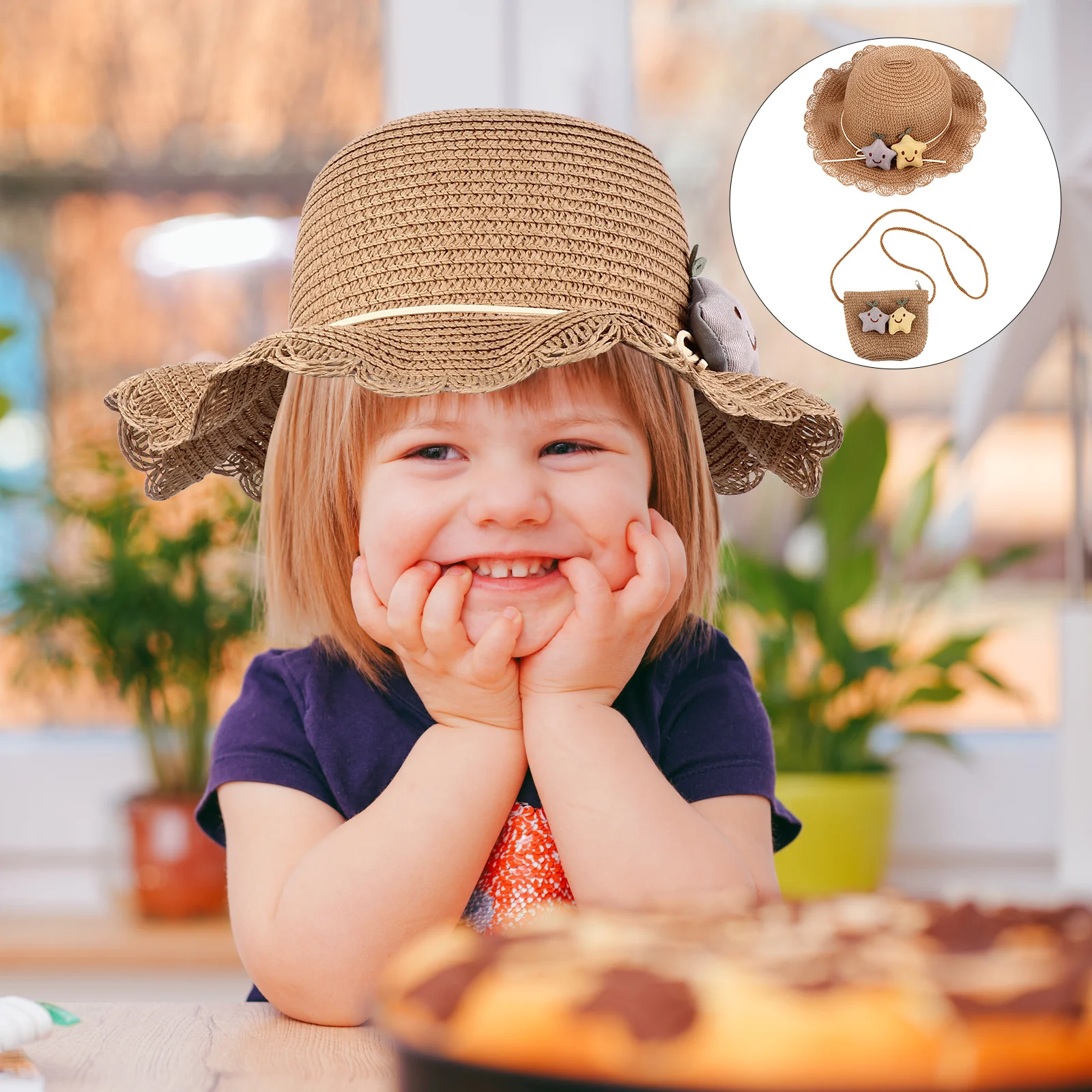 

1 комплект, детская соломенная кепка от солнца, летняя рыбацкая шляпа с широкими полями, дышащая встроенная ветрозащитная веревка, пляжная сумка-тоут, защита от солнца