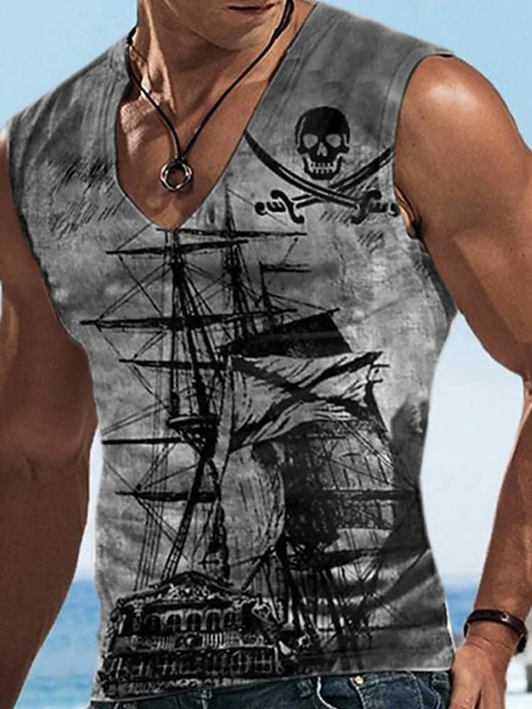 Street Style Stylish Men's V-neck Tank Top Summer Outdoor Casual Men's Tank Top Running Men's Comfortable Vest Pirate Ship Print