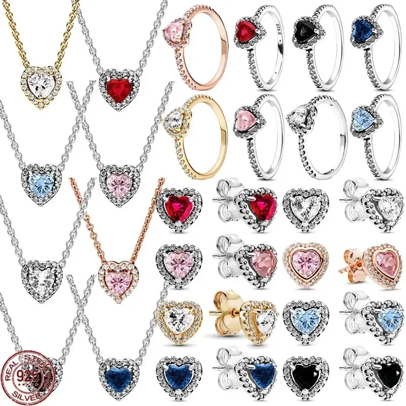 

Brand new 925 sterling silver classic heart-shaped crystal zircon ring necklace earrings DIY charm women's New Year holiday gift