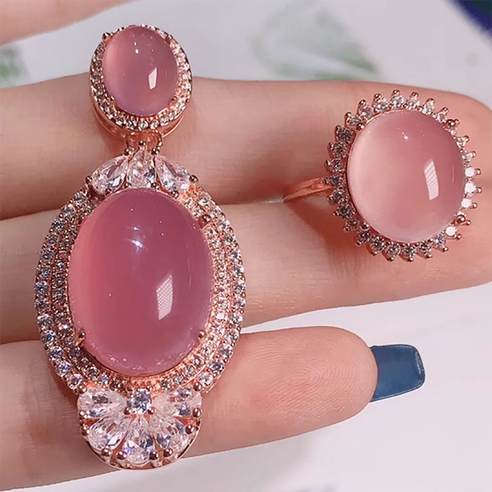 

925 inlaid powder chalcedony set two-piece pendant necklace