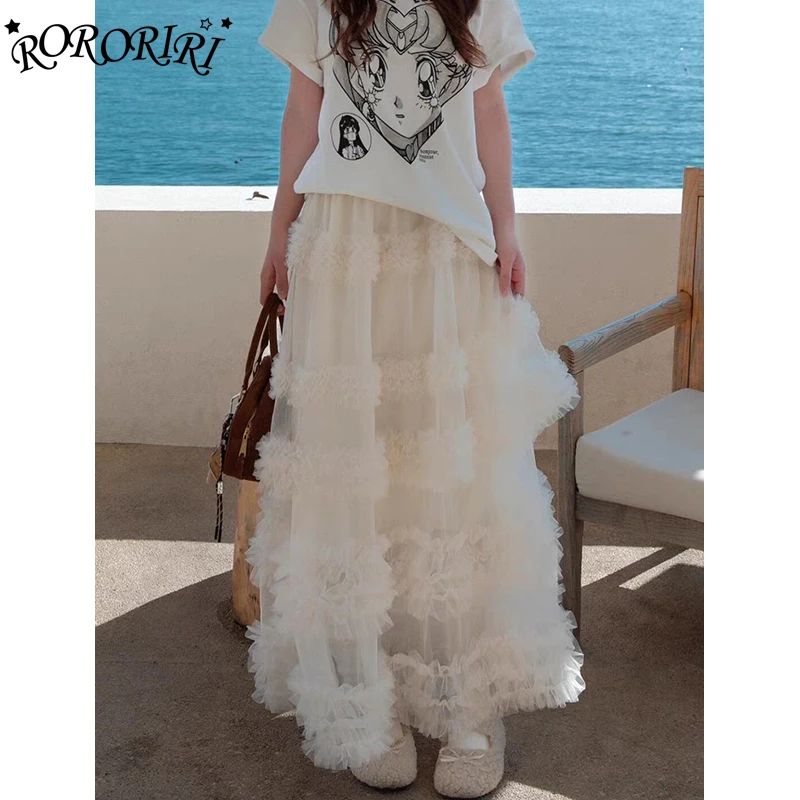 

RORORIRI Women Lace Stitch Mesh Puffy Cake Skirt Layered Frill Trim Elastic Waist A-line Frilly Long Skirt Korean Lounge Clothes