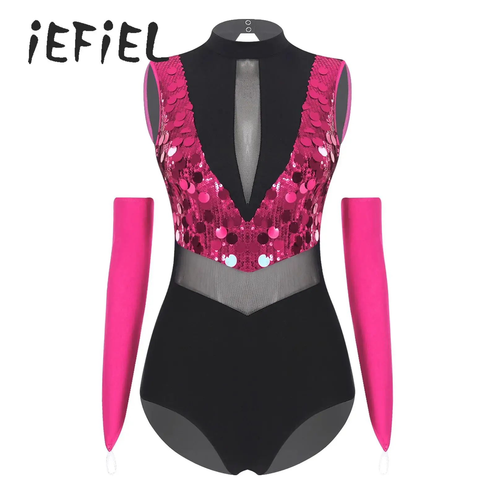 

Women Shiny Sequins Jazz Latin Dance Leotard Bodysuit Jumpsuit Skating Gymnastics Performance Outfit with Gloves Dance Wear