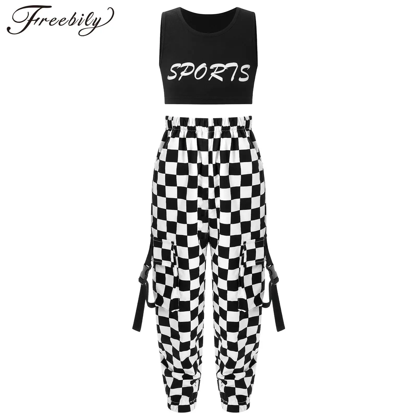 Kids Girls Hip Hop Street Dance Costume Sleeveless Letter Print Crop Top with Plaid Pants Jazz Dance Stage Performance Dancewear