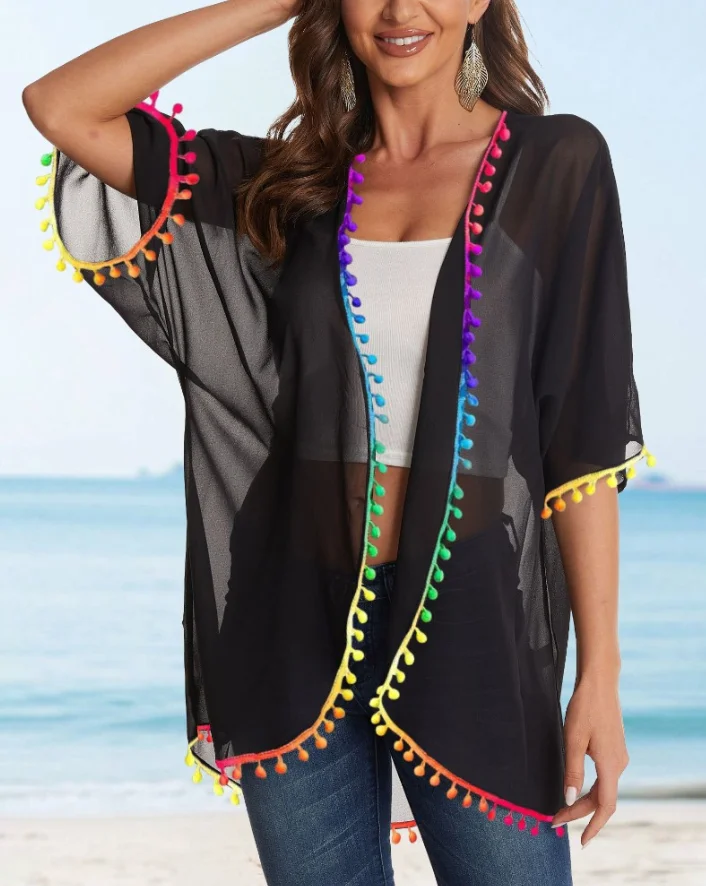 Puff Sleeve Open Front Colorful Tassel Trim Cover Ups Top for Women Clothes Summer New Women's Casual Loose Fit Summer Coat Tops