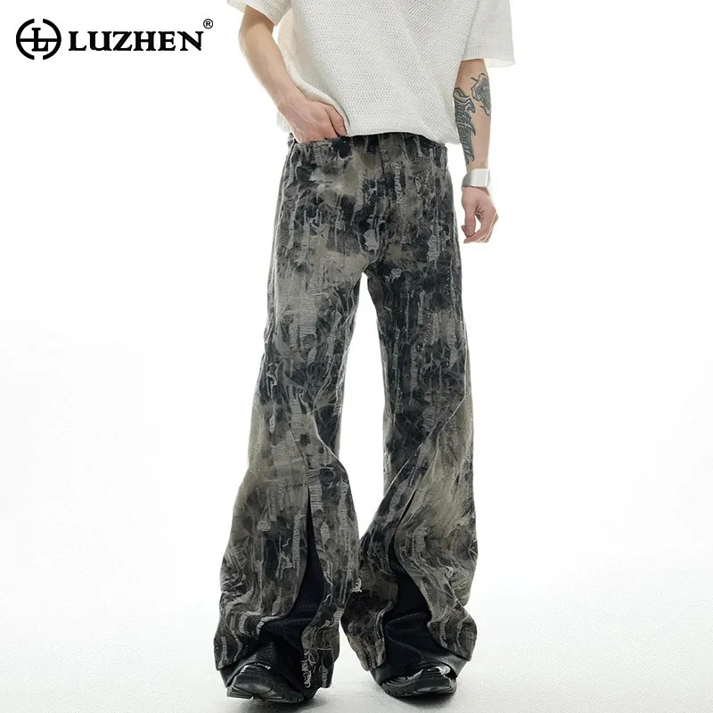 

LUZHEN 2025 Luxury Personalized Tie-dyed Vintage Wornout Design Denim Bell-bottoms Men's Stylish Handsome Street Jeans JY1380