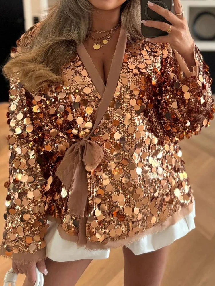 

Autumn Winter Sequined Long Sleeve Loose Jacket Lady Sexy V Neck Lace Up Club Party Coat Fashion High Street Patchwork Outerwear
