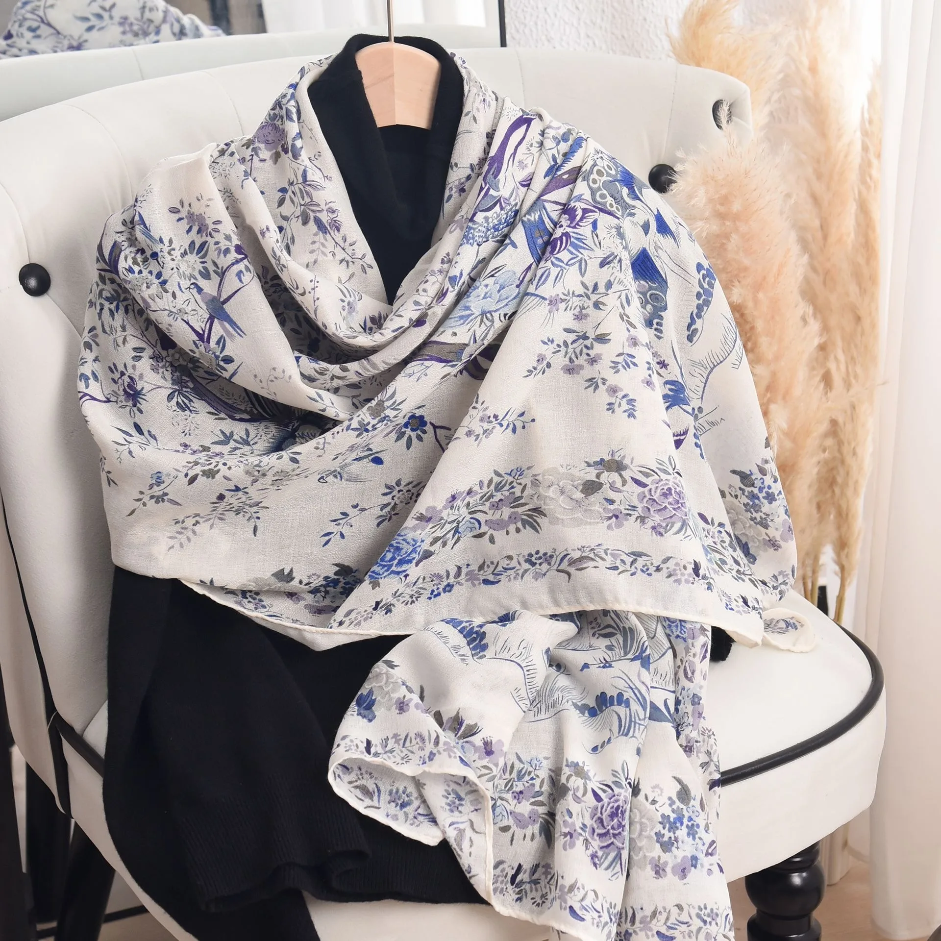 

Thin imitation cotton and linen pastoral style printed silk scarf women fashion temperament shawl senior sense holiday gift