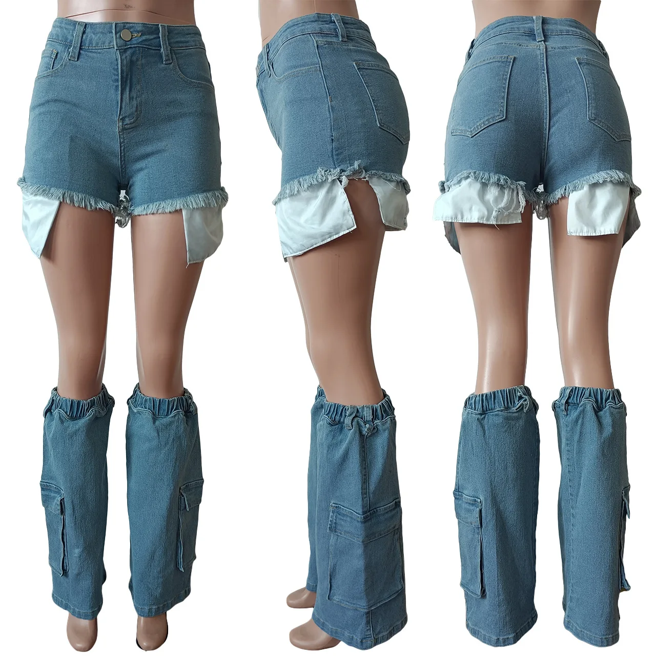 Casual Denim Shorts with Calf Cover Fashion Button Short Jeans with Pockets High Waistt Streetwear Matching Women Clothings 2023