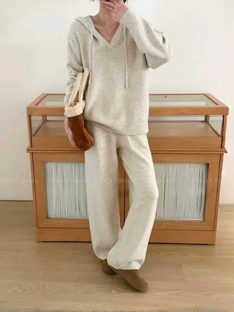 Korean Style Drawstring Hooded V-Neck Knitted Wide Leg Pants Home Outdoor Set Simple Atmosphere Feel Women's Fashion