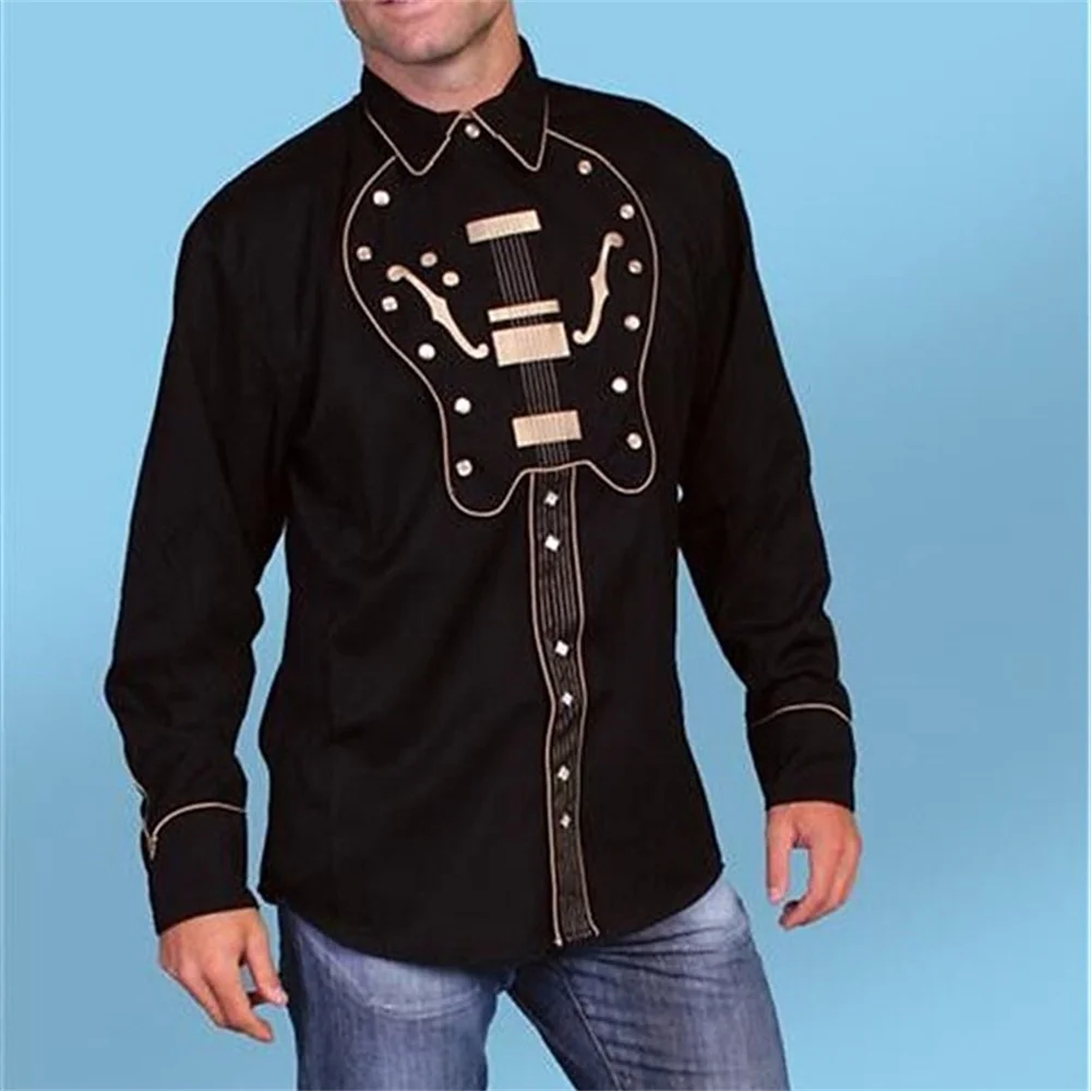 Camisa de estilo occidental para hombre, patrón de instrumentos musicales, estampado de botones de manga larga de calle, ropa de calle deportiva de