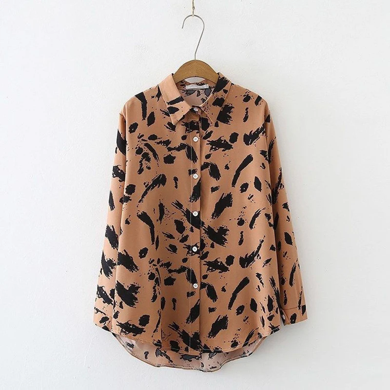 Turn-down Neck Shirt And Blouses Print Loose Long Sleeved Retro Leopard Top Casual OL Women Clothing 2024 LadyTrend Thin Summer