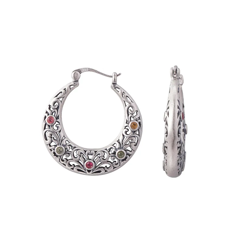 

Серьги-клипсы из стерлингового серебра S925 для женщин, дворцовый стиль, полые цветы, инкрустированные турмалином, зажимы для ушей, модные ювелирные изделия, оптовая продажа