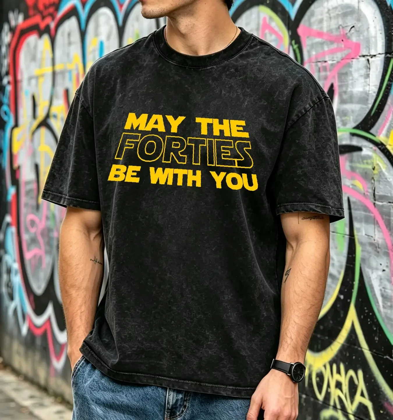 washed T Shirt Mens 40th Birthday ORGANIC May The Forties Be With You 40 Forty  vintage Washed graphic Slightly