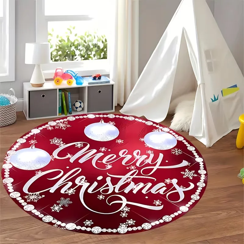 Round Red Merry Christmas Bauble Snowflake Area Rug Xmas Letter Ornament Pattern Decor Carpet For Playroom Bedroom