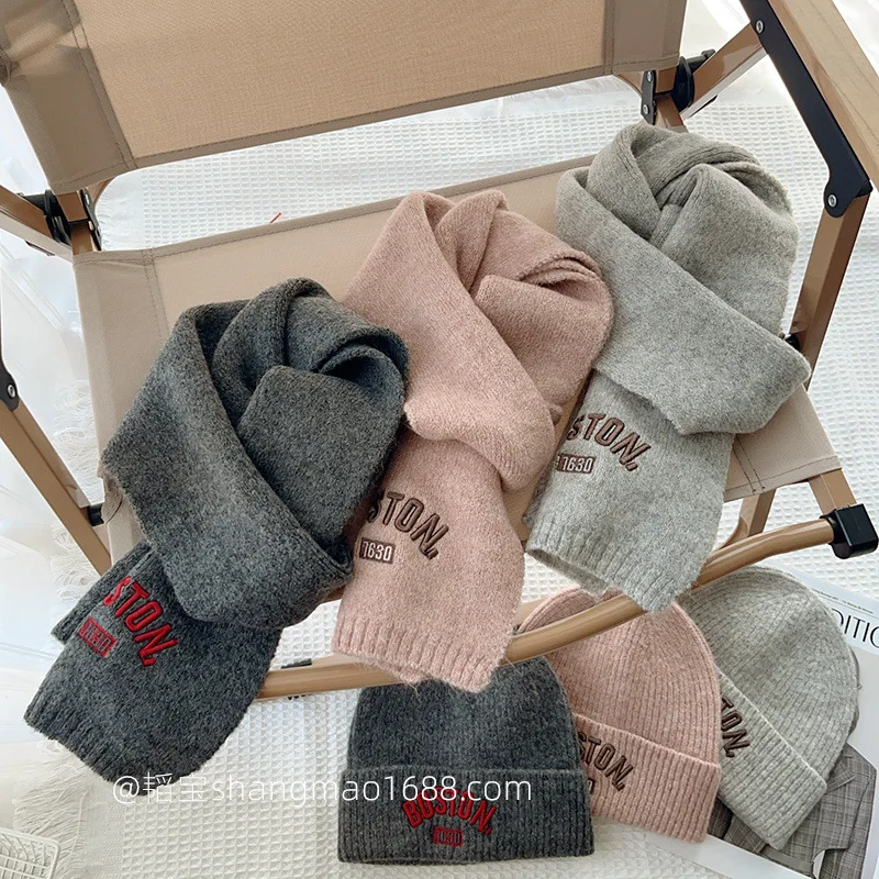 Korean Style Children Hat Scarf Set 2 Piece Solid Color Embroidered Letters Unisex Warm Baby Winter Autumn Versatile​​