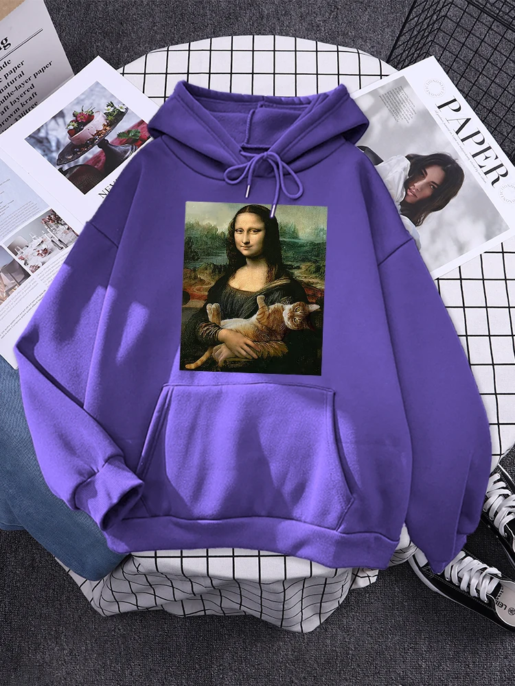 Hoodie Mona Lisa And Cat Hoodies For Women Harajuku Aesthetic Fall  Womens Clothing Oversized Oversized Sweatshirt Female