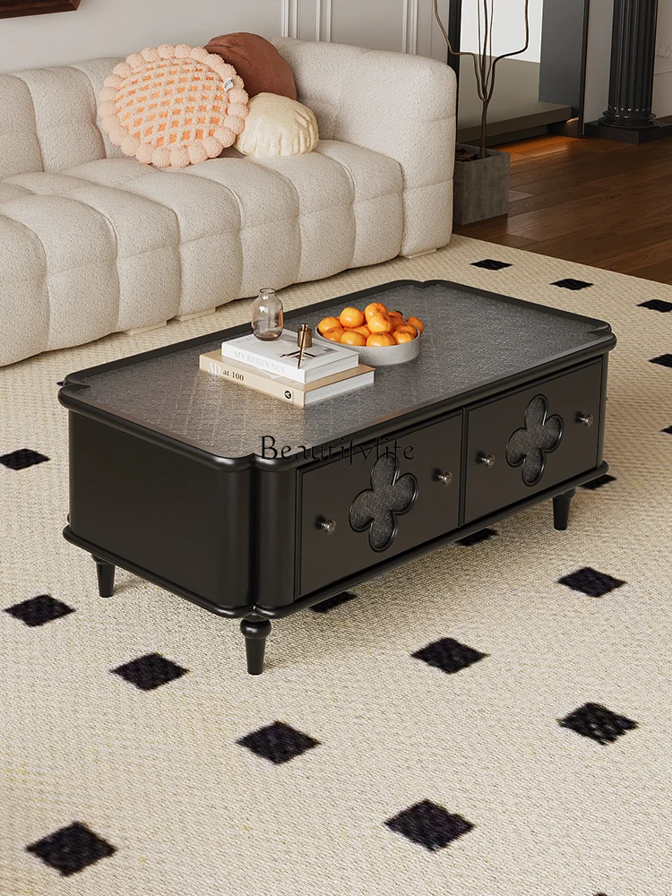 

Retro French Classic Black Solid Wood Tea Table Log Square Living Room TV Cabinet Unit