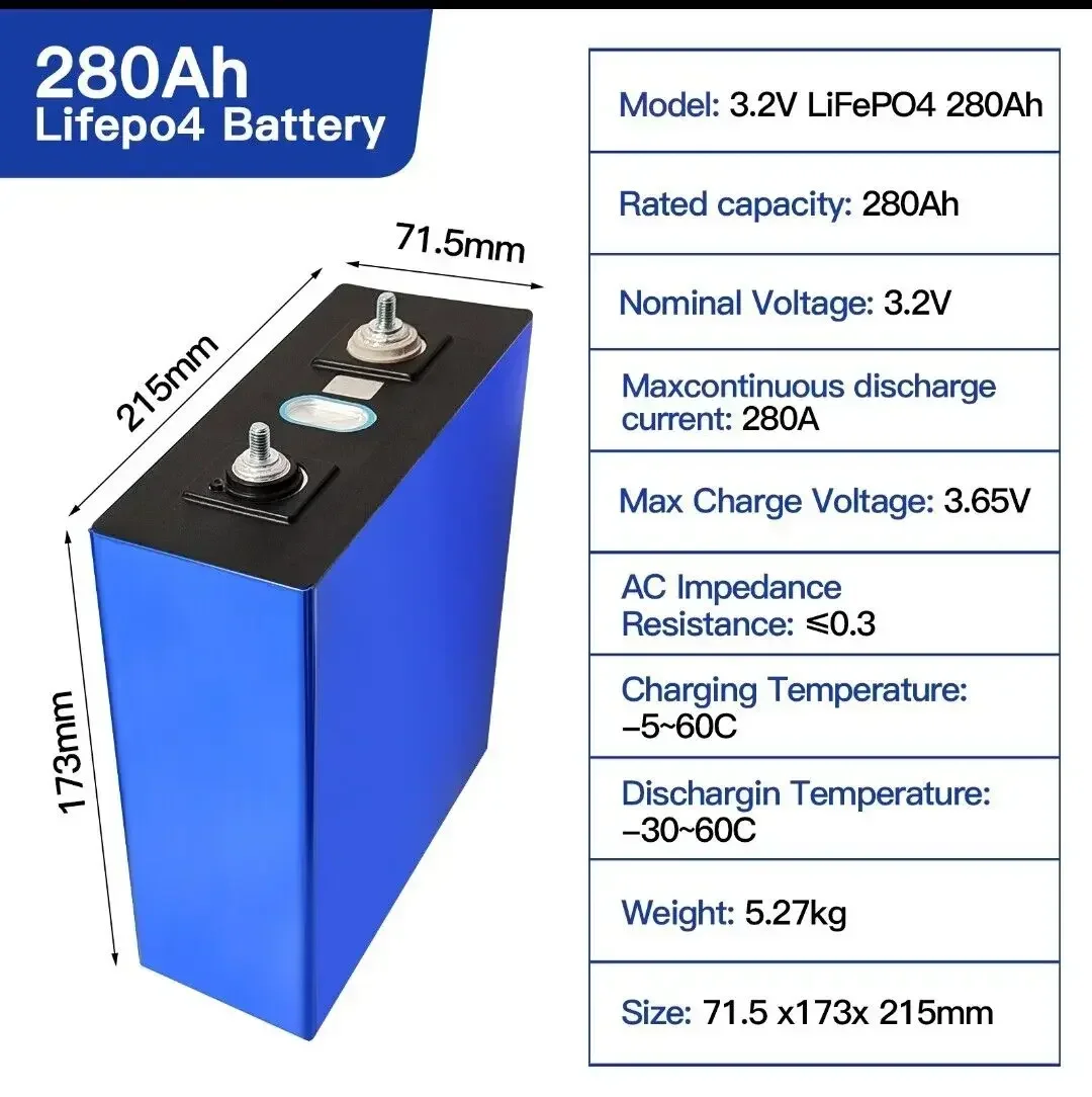 

LiFePO 4 3.2v 280ah Lithium Iron Phosphate Battery Suitable for Solar System RV Camping-