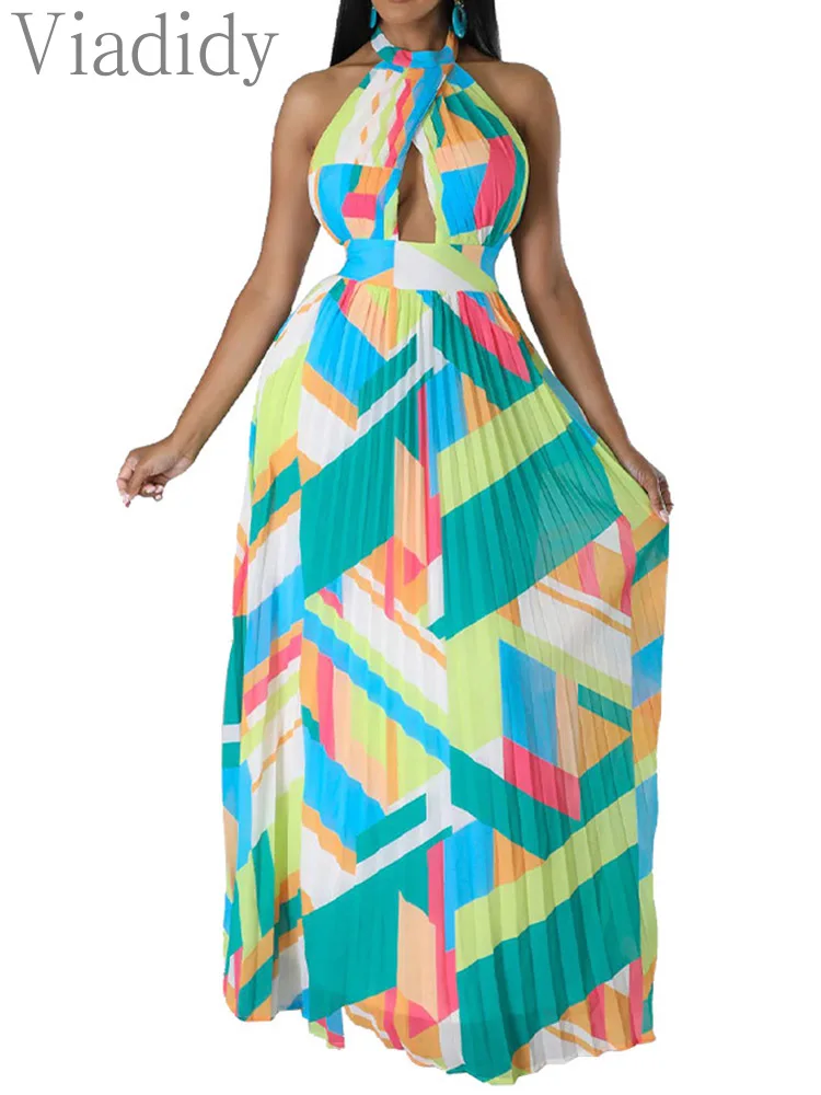 

Print Hollow Out Sleeveless Backless Lace-Up Pleated Big Swing Dress